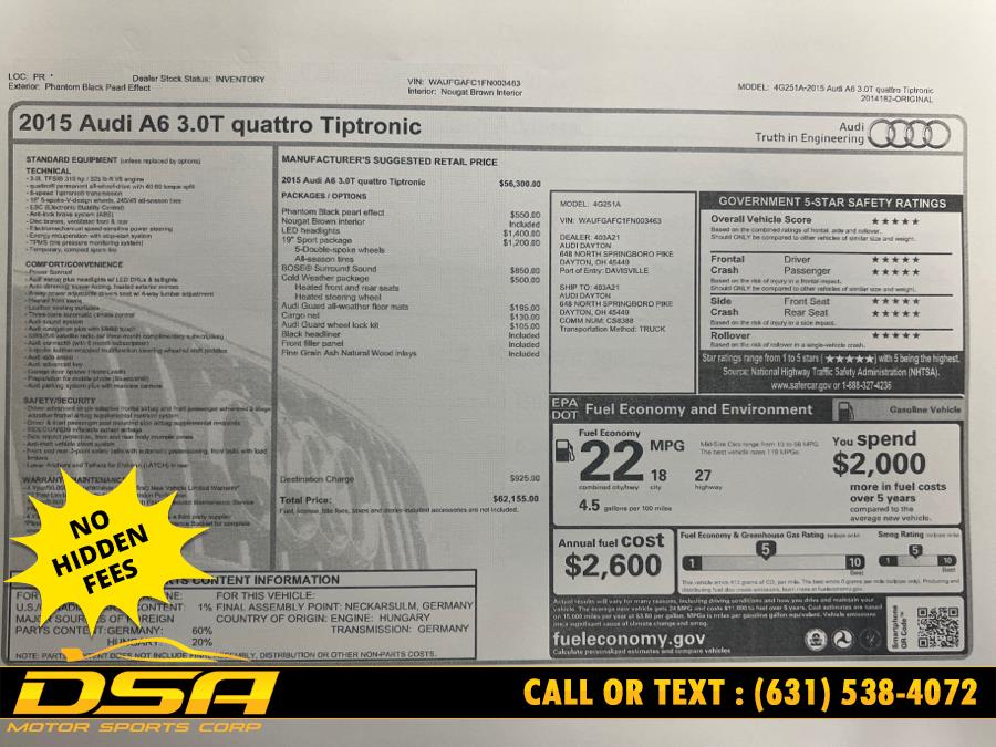 2015 Audi A6 4dr Sdn quattro 3.0T Premium Plus, available for sale in Commack, New York | DSA Motor Sports Corp. Commack, New York 2015 Audi A6 4dr Sdn quattro 3.0T Premium Plus, available for sale in Commack, New York | DSA Motor Sports Corp. Commack, New York