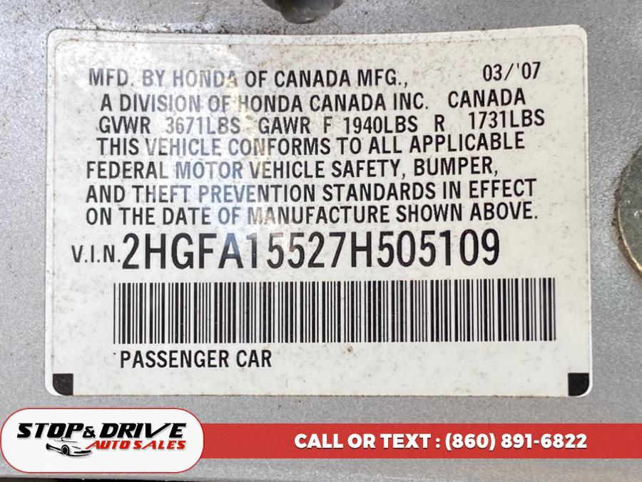 2007 Honda Civic Sdn 4dr MT LX, available for sale in East Windsor, Connecticut | Stop & Drive Auto Sales. East Windsor, Connecticut 2007 Honda Civic Sdn 4dr MT LX, available for sale in East Windsor, Connecticut | Stop & Drive Auto Sales. East Windsor, Connecticut