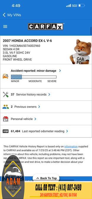 2007 Honda Accord Sdn 4dr V6 AT EX-L, available for sale in Holyoke, Massachusetts | Adam Auto Sales. Holyoke, Massachusetts 2007 Honda Accord Sdn 4dr V6 AT EX-L, available for sale in Holyoke, Massachusetts | Adam Auto Sales. Holyoke, Massachusetts