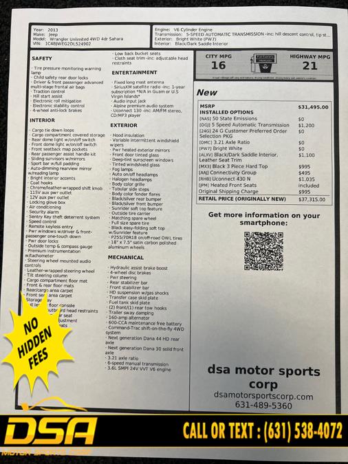 2013 Jeep Wrangler Unlimited 4WD 4dr Sahara, available for sale in Commack, New York | DSA Motor Sports Corp. Commack, New York 2013 Jeep Wrangler Unlimited 4WD 4dr Sahara, available for sale in Commack, New York | DSA Motor Sports Corp. Commack, New York