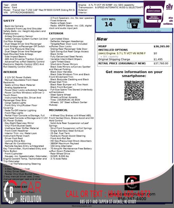 2019 Ford Transit-250 Base w/Sliding Pass-Side Cargo Door T-250 MR, available for sale in Avenel, New Jersey | Car Revolution. Avenel, New Jersey 2019 Ford Transit-250 Base w/Sliding Pass-Side Cargo Door T-250 MR, available for sale in Avenel, New Jersey | Car Revolution. Avenel, New Jersey
