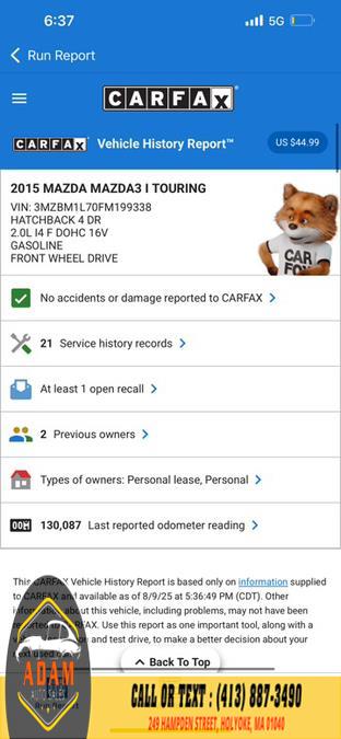 2015 Mazda Mazda3 5dr HB Auto i Touring, available for sale in Holyoke, Massachusetts | Adam Auto Sales. Holyoke, Massachusetts 2015 Mazda Mazda3 5dr HB Auto i Touring, available for sale in Holyoke, Massachusetts | Adam Auto Sales. Holyoke, Massachusetts