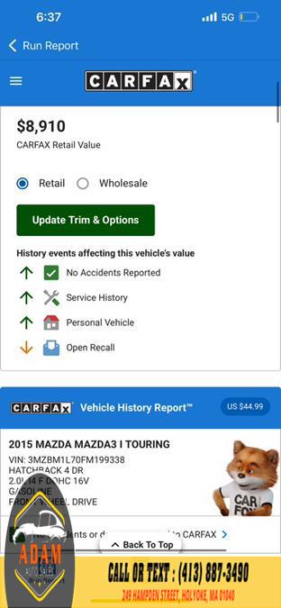 2015 Mazda Mazda3 5dr HB Auto i Touring, available for sale in Holyoke, Massachusetts | Adam Auto Sales. Holyoke, Massachusetts 2015 Mazda Mazda3 5dr HB Auto i Touring, available for sale in Holyoke, Massachusetts | Adam Auto Sales. Holyoke, Massachusetts