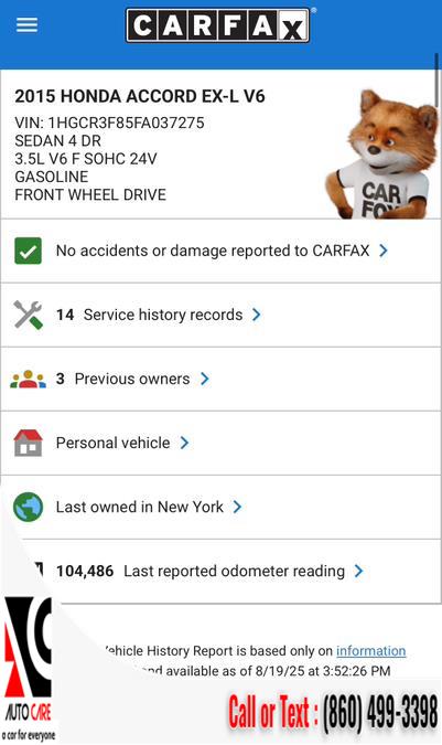 2015 Honda Accord Sedan 4dr V6 Auto EX-L w/Navi, available for sale in Vernon , Connecticut | Auto Care Motors. Vernon , Connecticut 2015 Honda Accord Sedan 4dr V6 Auto EX-L w/Navi, available for sale in Vernon , Connecticut | Auto Care Motors. Vernon , Connecticut