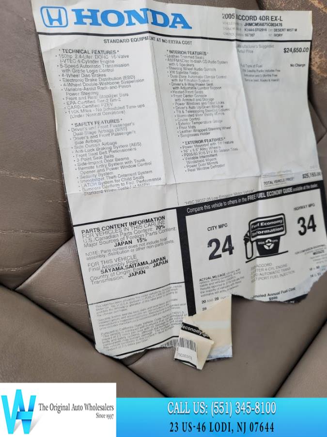 2005 Honda Accord Sedan EX-L AT, available for sale in Lodi, New Jersey | AW Auto & Truck Wholesalers, Inc. Lodi, New Jersey 2005 Honda Accord Sedan EX-L AT, available for sale in Lodi, New Jersey | AW Auto & Truck Wholesalers, Inc. Lodi, New Jersey
