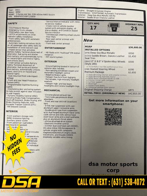 2011 BMW 3 Series 4dr Sdn 328i xDrive AWD SULEV, available for sale in Commack, New York | DSA Motor Sports Corp. Commack, New York 2011 BMW 3 Series 4dr Sdn 328i xDrive AWD SULEV, available for sale in Commack, New York | DSA Motor Sports Corp. Commack, New York