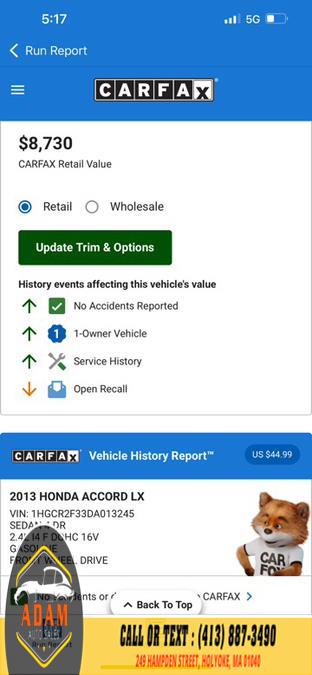 2013 Honda Accord Sdn 4dr I4 CVT LX, available for sale in Holyoke, Massachusetts | Adam Auto Sales. Holyoke, Massachusetts 2013 Honda Accord Sdn 4dr I4 CVT LX, available for sale in Holyoke, Massachusetts | Adam Auto Sales. Holyoke, Massachusetts