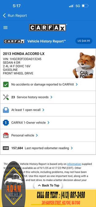 2013 Honda Accord Sdn 4dr I4 CVT LX, available for sale in Holyoke, Massachusetts | Adam Auto Sales. Holyoke, Massachusetts 2013 Honda Accord Sdn 4dr I4 CVT LX, available for sale in Holyoke, Massachusetts | Adam Auto Sales. Holyoke, Massachusetts