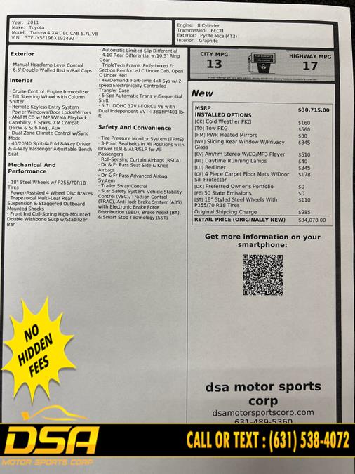 2011 Toyota Tundra 4WD Truck Dbl 5.7L V8 6-Spd AT (Natl), available for sale in Commack, New York | DSA Motor Sports Corp. Commack, New York 2011 Toyota Tundra 4WD Truck Dbl 5.7L V8 6-Spd AT (Natl), available for sale in Commack, New York | DSA Motor Sports Corp. Commack, New York