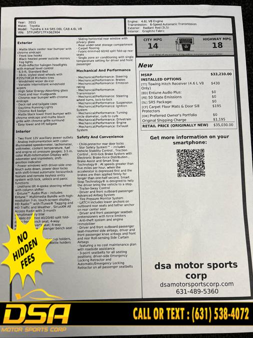 2015 Toyota Tundra 4WD Truck Double Cab 4.6L V8 6-Spd AT SR (Natl), available for sale in Commack, New York | DSA Motor Sports Corp. Commack, New York 2015 Toyota Tundra 4WD Truck Double Cab 4.6L V8 6-Spd AT SR (Natl), available for sale in Commack, New York | DSA Motor Sports Corp. Commack, New York