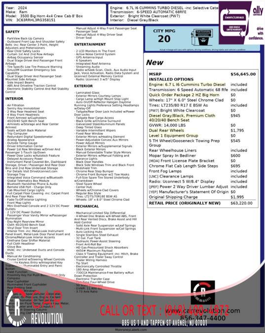 2024 Ram 3500 Big Horn 4X4 CREW CAB 8' BOX, available for sale in Avenel, New Jersey | Car Revolution. Avenel, New Jersey 2024 Ram 3500 Big Horn 4X4 CREW CAB 8' BOX, available for sale in Avenel, New Jersey | Car Revolution. Avenel, New Jersey