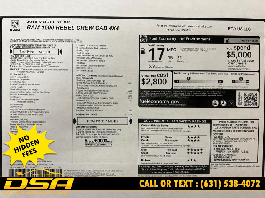 2016 Ram 1500 4WD Crew Cab 140.5" Rebel, available for sale in Commack, New York | DSA Motor Sports Corp. Commack, New York 2016 Ram 1500 4WD Crew Cab 140.5" Rebel, available for sale in Commack, New York | DSA Motor Sports Corp. Commack, New York