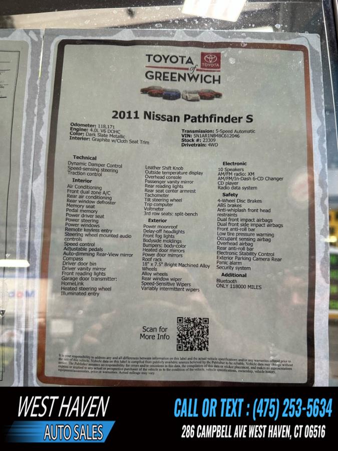 2011 Nissan Pathfinder 4WD 4dr V6 S, available for sale in West Haven, Connecticut | West Haven Auto Sales LLC. West Haven, Connecticut 2011 Nissan Pathfinder 4WD 4dr V6 S, available for sale in West Haven, Connecticut | West Haven Auto Sales LLC. West Haven, Connecticut