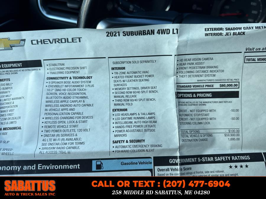 2021 Chevrolet Suburban 4WD 4dr LT, available for sale in Sabattus, Maine | Sabattus Auto and Truck Sales Inc. Sabattus, Maine 2021 Chevrolet Suburban 4WD 4dr LT, available for sale in Sabattus, Maine | Sabattus Auto and Truck Sales Inc. Sabattus, Maine