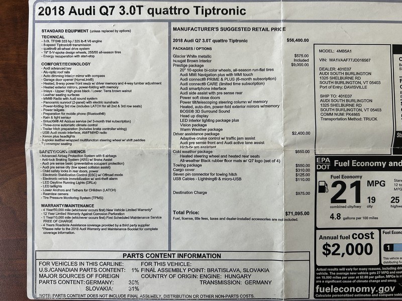 2018 Audi Q7 3.0 TFSI Prestige, available for sale in West Springfield, Massachusetts | Union Street Auto Sales. West Springfield, Massachusetts 2018 Audi Q7 3.0 TFSI Prestige, available for sale in West Springfield, Massachusetts | Union Street Auto Sales. West Springfield, Massachusetts