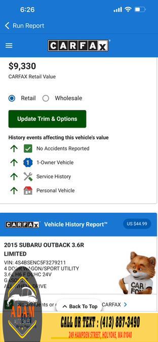 2015 Subaru Outback 4dr Wgn 3.6R Limited, available for sale in Holyoke, Massachusetts | Adam Auto Sales. Holyoke, Massachusetts 2015 Subaru Outback 4dr Wgn 3.6R Limited, available for sale in Holyoke, Massachusetts | Adam Auto Sales. Holyoke, Massachusetts