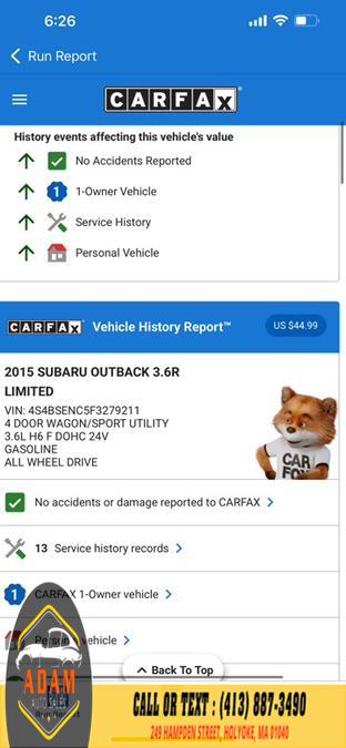 2015 Subaru Outback 4dr Wgn 3.6R Limited, available for sale in Holyoke, Massachusetts | Adam Auto Sales. Holyoke, Massachusetts 2015 Subaru Outback 4dr Wgn 3.6R Limited, available for sale in Holyoke, Massachusetts | Adam Auto Sales. Holyoke, Massachusetts