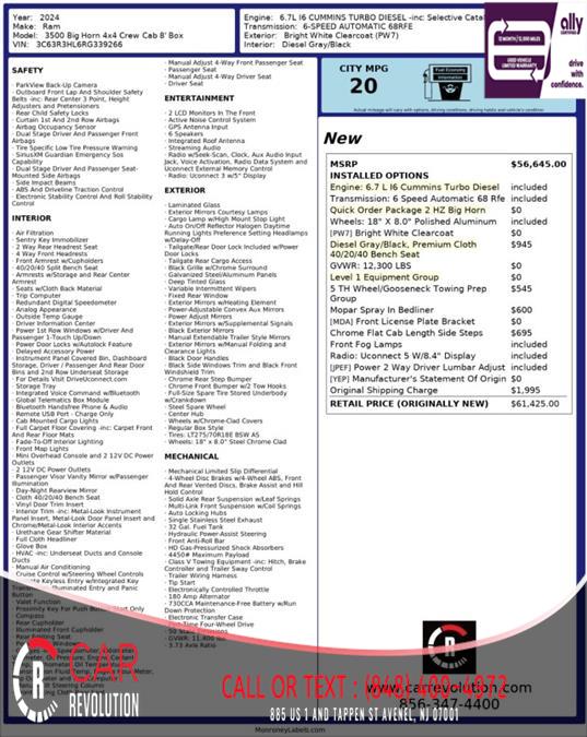2024 Ram 3500 Big Horn 4X4 CREW CAB 8' BOX, available for sale in Avenel, New Jersey | Car Revolution. Avenel, New Jersey 2024 Ram 3500 Big Horn 4X4 CREW CAB 8' BOX, available for sale in Avenel, New Jersey | Car Revolution. Avenel, New Jersey