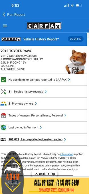 2012 Toyota RAV4 4WD 4dr I4, available for sale in Holyoke, Massachusetts | Adam Auto Sales. Holyoke, Massachusetts 2012 Toyota RAV4 4WD 4dr I4, available for sale in Holyoke, Massachusetts | Adam Auto Sales. Holyoke, Massachusetts