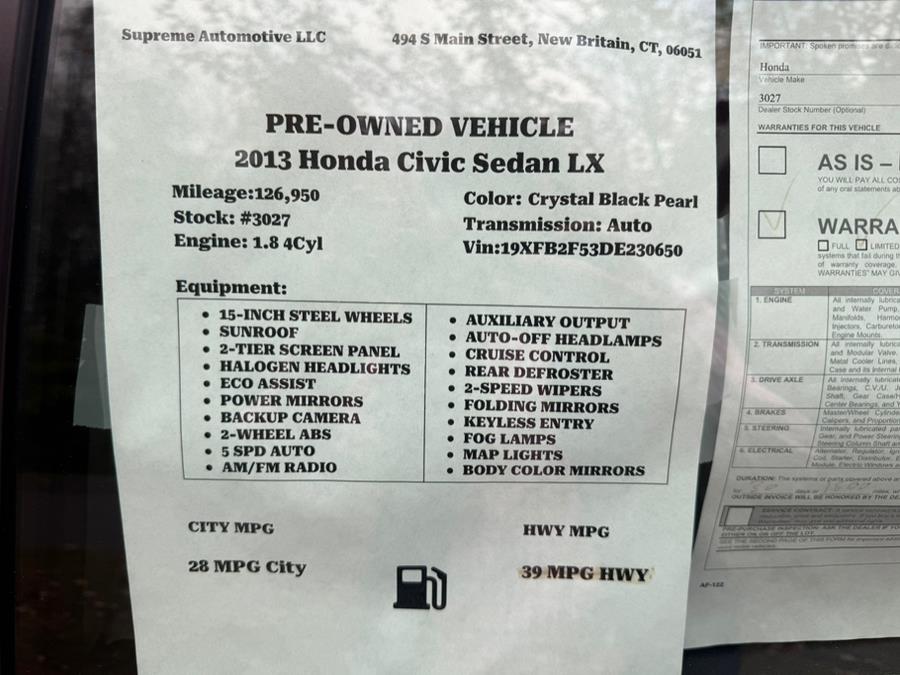 2013 Honda Civic Sdn 4dr Auto LX, available for sale in New Britain, Connecticut | Supreme Automotive. New Britain, Connecticut 2013 Honda Civic Sdn 4dr Auto LX, available for sale in New Britain, Connecticut | Supreme Automotive. New Britain, Connecticut