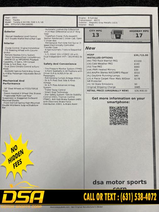 2011 Toyota Tundra 4WD Truck Dbl 5.7L V8 6-Spd AT (Natl), available for sale in Commack, New York | DSA Motor Sports Corp. Commack, New York 2011 Toyota Tundra 4WD Truck Dbl 5.7L V8 6-Spd AT (Natl), available for sale in Commack, New York | DSA Motor Sports Corp. Commack, New York