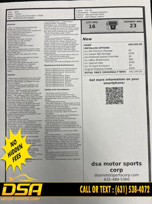 2015 Toyota Sienna 5dr 7-Pass Van XLE Premium AWD (Natl), available for sale in Commack, New York | DSA Motor Sports Corp. Commack, New York 2015 Toyota Sienna 5dr 7-Pass Van XLE Premium AWD (Natl), available for sale in Commack, New York | DSA Motor Sports Corp. Commack, New York